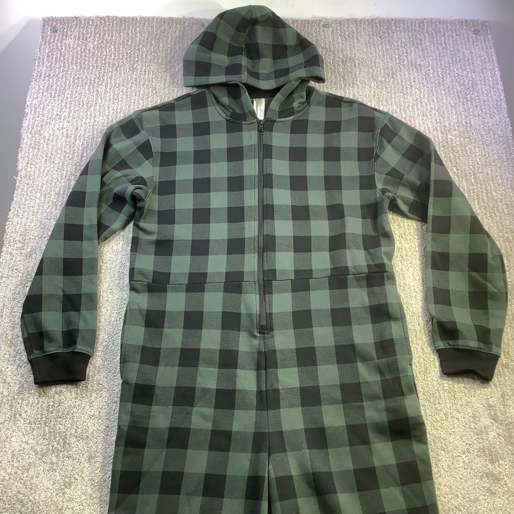 Fabletics Cozy Fleece Hooded Jumpsuit Pine Shadow Buffalo Plaid Size L Short NWT